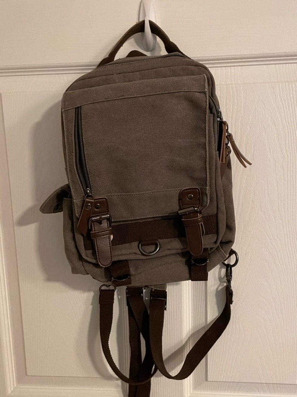Women's Canvas Backpack in Taupe with Brown Trim